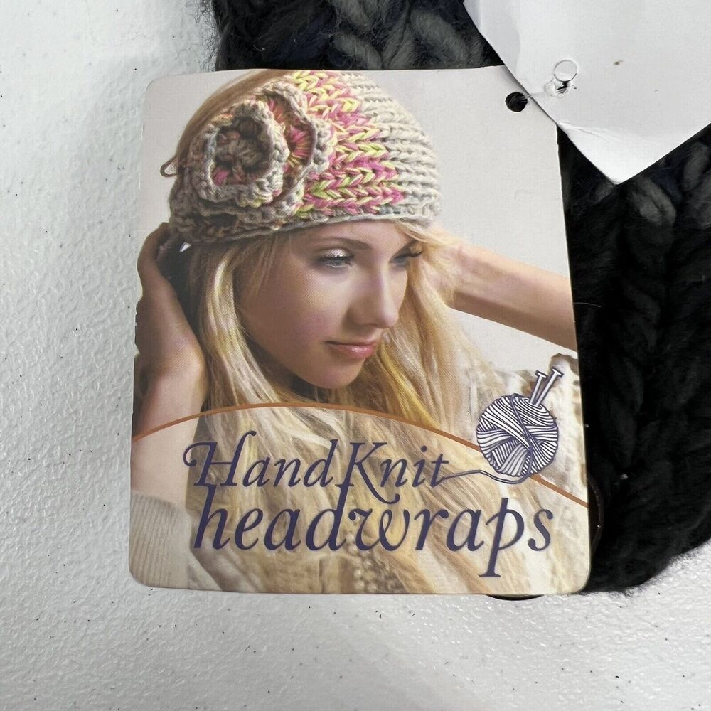 Crochet Hand Knit Headwrap Flower Accent Knit Black Pink Button Close Adjustable - Picture 7 of 9